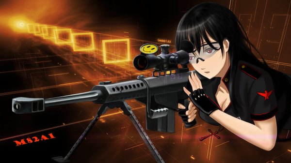 Anime picture 2560x1440 with original kissbaby single long hair fringe highres breasts black hair red eyes wide image cleavage girl gloves uniform weapon black gloves glasses fingerless gloves gun pendant