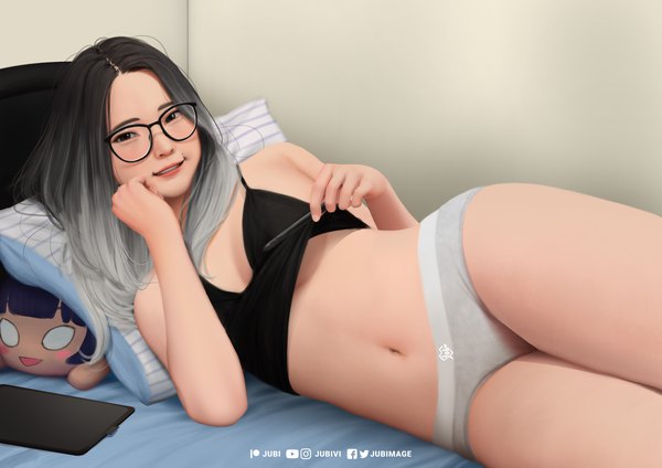 Anime picture 3508x2480 with real life adela pramestiayu (yuuchan) jubi (regiana) single long hair looking at viewer highres breasts light erotic black hair smile large breasts signed absurdres lying grey hair black eyes realistic mole grin