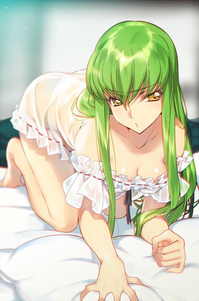 Anime picture 600x905 with code geass sunrise (studio) c.c. creayus single long hair tall image fringe breasts light erotic hair between eyes bare shoulders yellow eyes looking away cleavage indoors barefoot green hair bare legs on all fours