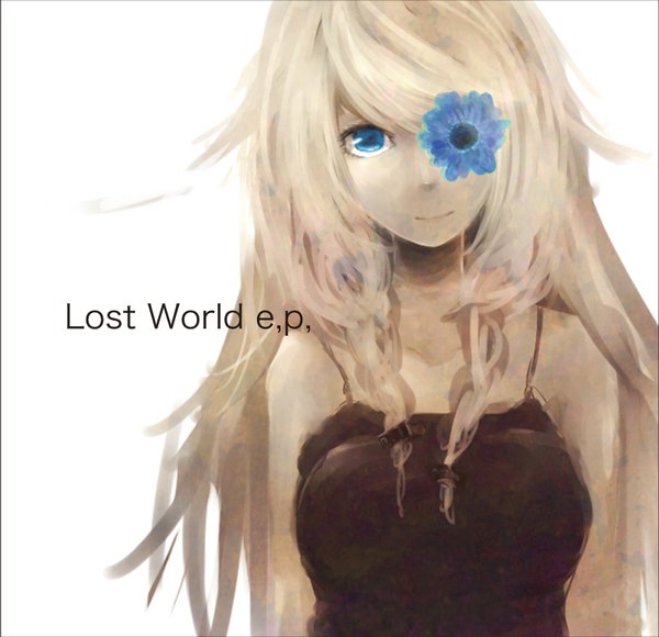 Anime picture 1573x1522 with vocaloid ia (vocaloid) hassan (sink916) single long hair looking at viewer fringe blue eyes simple background smile standing white background bare shoulders white hair braid (braids) twin braids close-up covering eye (eyes) flower over eye girl