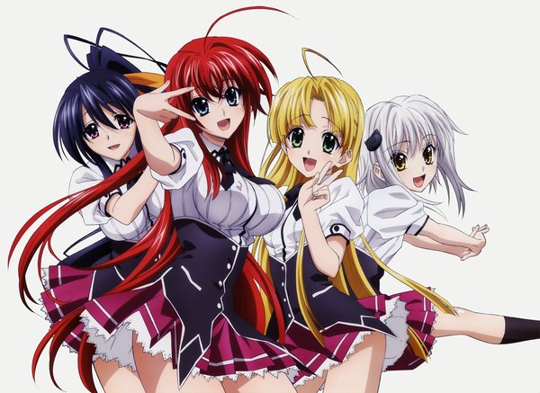 Anime picture 6656x4854 with highschool dxd rias gremory himejima akeno asia argento toujou koneko mishima hiroji long hair looking at viewer highres short hair open mouth blue eyes blonde hair smile white background purple eyes multiple girls green eyes yellow eyes absurdres