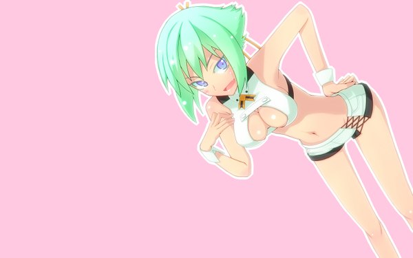 Anime picture 1600x1000 with aquarion (series) aquarion evol satelight zessica wong single blush short hair breasts open mouth light erotic simple background wide image bare shoulders green hair pink background girl navel ribbon (ribbons) hair ribbon shorts