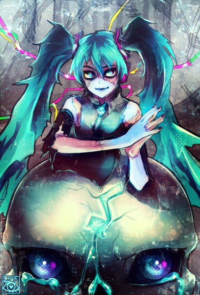 Anime picture 780x1150 with vocaloid hatsune miku e-x-p-i-e single long hair tall image looking at viewer blue eyes twintails fingernails light smile aqua hair torn clothes scar halloween makeup crack horror girl detached sleeves