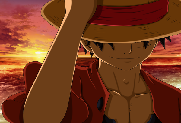 Anime picture 1052x720 with one piece toei animation monkey d. luffy flowerinhell single short hair black hair smile sky cloud (clouds) open clothes open shirt evening sunset scar boy hat shirt headdress sea