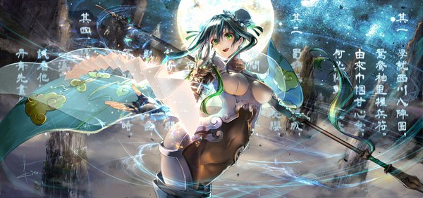 Anime-Bild 2121x1000 mit fate (series) fate/grand order qin liangyu (fate) kito (kito2) single long hair looking at viewer fringe highres breasts open mouth light erotic smile hair between eyes wide image standing holding green eyes signed payot