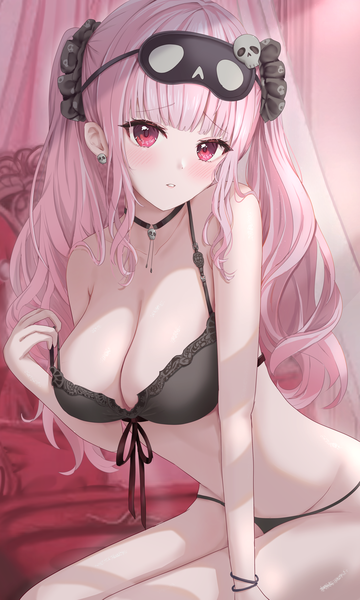 Anime picture 3009x5016 with virtual youtuber hololive hololive english mori calliope uni ikura single long hair tall image looking at viewer blush fringe highres breasts light erotic large breasts sitting twintails pink hair absurdres cleavage