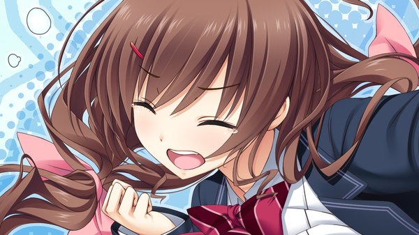 Anime picture 1280x720 with hotch kiss giga mikage shizuku mikoto akemi long hair open mouth brown hair wide image game cg eyes closed tears girl uniform bow hair bow school uniform