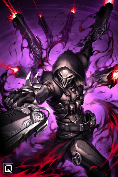 Anime-Bild 604x900 mit overwatch blizzard entertainment reaper (overwatch) quirkilicious single tall image signed from above spread arms smoke fighting stance purple background boy weapon gun hood mask pistol