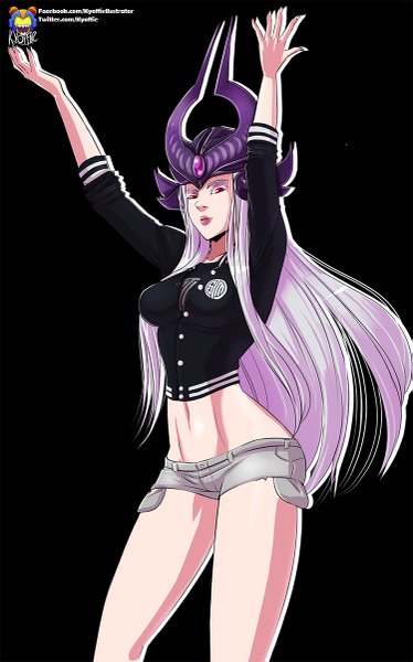 Anime picture 749x1200 with league of legends syndra kyoffie12 single long hair tall image looking at viewer light erotic simple background red eyes silver hair lips bare belly midriff legs groin black background girl navel shorts