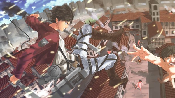 Anime picture 1600x900 with shingeki no kyojin production i.g eren yaeger xenocracy (artist) short hair open mouth light erotic black hair wide image holding sky cloud (clouds) long sleeves open clothes open jacket shadow grey eyes smoke dual wielding angry