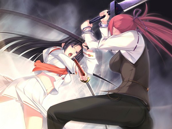 Anime picture 1024x768 with chrono belt (game) long hair open mouth black hair purple eyes multiple girls game cg red hair girl 2 girls sword