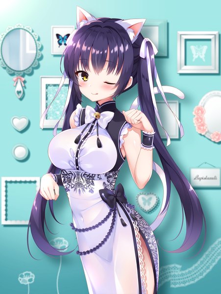 Anime picture 1359x1806 with original toorutsuki hajime single long hair tall image looking at viewer blush fringe breasts smile large breasts standing twintails animal ears yellow eyes purple hair tail traditional clothes animal tail one eye closed