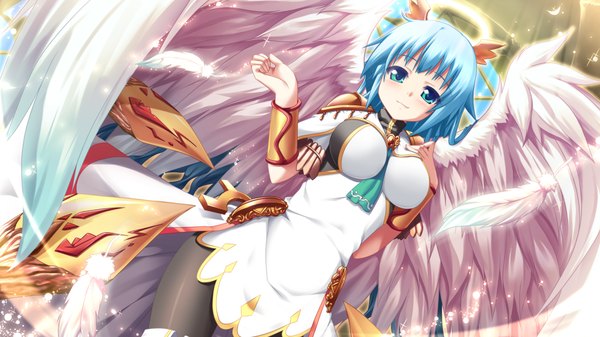 Anime picture 1024x576 with kamidori alchemy meister short hair blue eyes wide image blue hair game cg girl wings