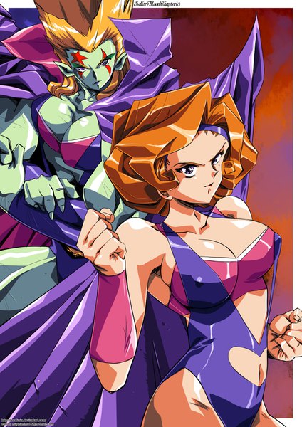 Anime picture 2480x3507 with bishoujo senshi sailor moon toei animation sailor moon monster book dumble hinomars19 tall image highres light erotic blonde hair purple eyes pointy ears orange hair border covered nipples dual persona face paint monster girl green skin girl uniform