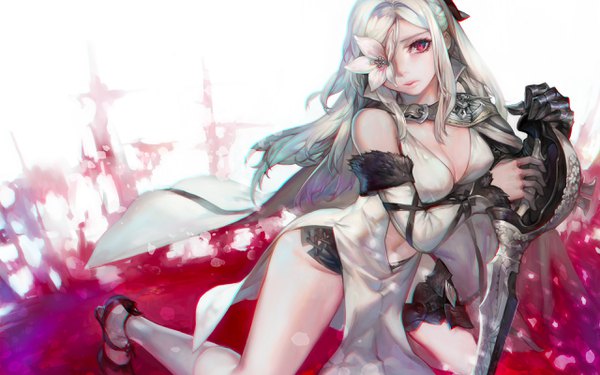 Anime picture 2560x1600 with drakengard zero (drag-on dragoon) aoin single long hair looking at viewer highres light erotic red eyes white hair flower over eye girl dress flower (flowers) weapon detached sleeves sword eyepatch