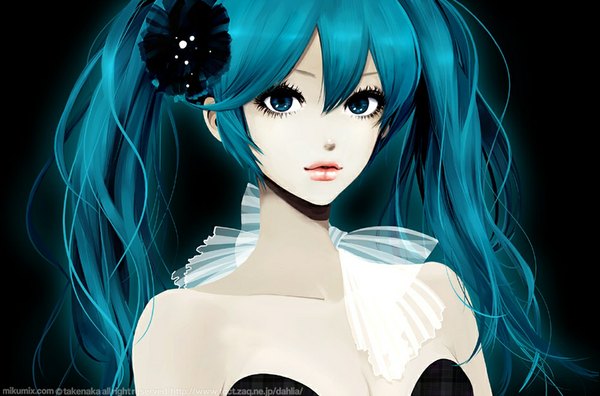 Anime picture 1000x660 with vocaloid hatsune miku takenaka single looking at viewer blue eyes bare shoulders blue hair very long hair lipstick black background pale skin girl thighhighs ribbon (ribbons) black thighhighs