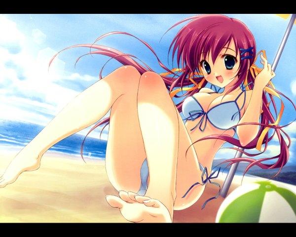 Anime picture 1280x1024 with da capo shirakawa nanaka ryohka single long hair looking at viewer blush breasts open mouth blue eyes light erotic sitting twintails pink hair sky cloud (clouds) wind beach letterboxed girl