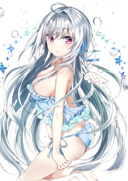 Anime picture 1300x1836 with original shiori (kamioka shun'ya) kamioka shun'ya single tall image looking at viewer fringe breasts light erotic smile large breasts purple eyes bare shoulders cleavage silver hair ahoge ass very long hair sideboob angel wings