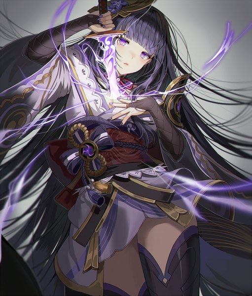 Anime picture 800x939 with genshin impact raiden shogun silence girl single tall image fringe black hair simple background purple eyes blunt bangs very long hair nail polish traditional clothes japanese clothes grey background from below expressionless electricity purple nail polish girl