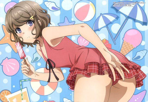 Anime picture 5912x4085 with seishun buta yarou megami magazine cloverworks koga tomoe aquastar inc. single looking at viewer blush highres short hair breasts blue eyes light erotic brown hair bare shoulders absurdres cleavage ass looking back official art