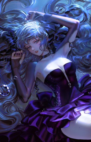 Anime picture 4159x6500 with original nixeu single long hair tall image looking at viewer fringe highres breasts blue eyes light erotic large breasts blue hair absurdres cleavage nail polish parted lips fingernails from above arms up