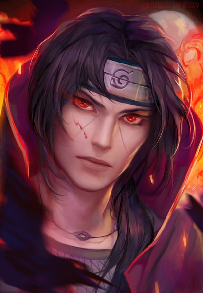 Anime picture 952x1370 with naruto studio pierrot naruto (series) uchiha itachi j-witless single long hair tall image looking at viewer black hair red eyes upper body blurry realistic inscription text portrait low ponytail english glow