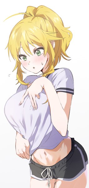 Anime picture 2111x4444 with idolmaster idolmaster (classic) idolmaster million live! hoshii miki katsu (kana) single long hair tall image blush fringe highres breasts open mouth light erotic simple background blonde hair large breasts standing white background holding