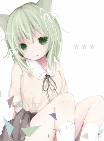 Anime picture 700x946 with original nachi single tall image looking at viewer fringe short hair open mouth simple background white background green eyes animal ears parted lips head tilt green hair cat ears short sleeves hands behind back pale skin messy hair