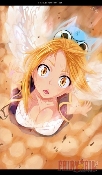Anime picture 1055x1800 with fairy tail lucy heartfilia happy (fairy tail) i-azu long hair tall image open mouth light erotic blonde hair yellow eyes black eyes inscription tattoo sleeveless coloring watermark letterboxed smoke flying girl