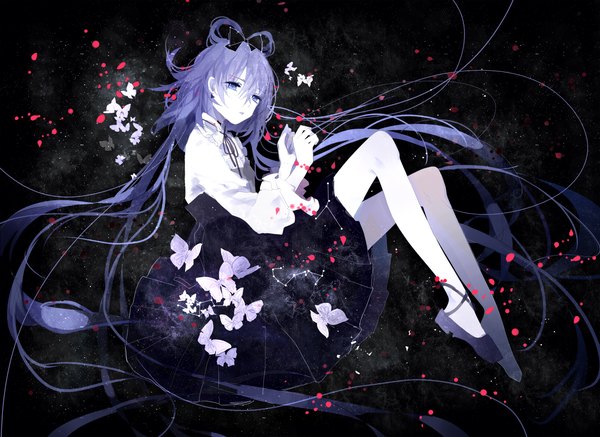 Anime picture 2058x1500 with vocaloid vocaloid china luo tianyi yu jiu single long hair looking at viewer fringe highres simple background hair between eyes purple eyes purple hair bent knee (knees) long sleeves pleated skirt black background white skin girl skirt
