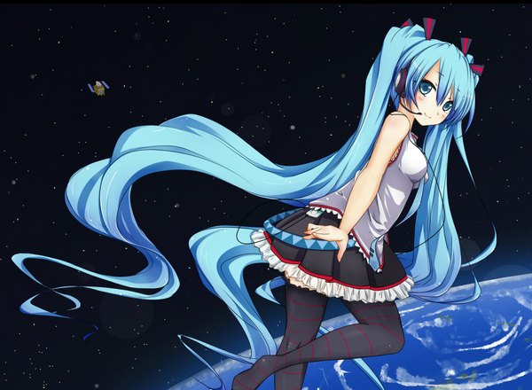 Anime picture 1942x1426 with vocaloid hatsune miku sei000 single looking at viewer blush highres smile twintails bare shoulders very long hair aqua eyes aqua hair space girl dress headphones