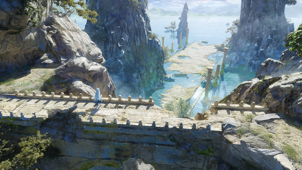 Anime picture 3840x2160 with original gyoukan (jfxc) single long hair highres wide image standing absurdres silver hair landscape river rock ambiguous gender plant (plants) animal tree (trees) bridge pillar column