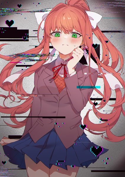 Anime picture 1761x2499 with doki doki literature club monika (doki doki literature club) konemu single long hair tall image looking at viewer blush fringe highres standing holding green eyes signed payot ponytail blunt bangs long sleeves pleated skirt orange hair