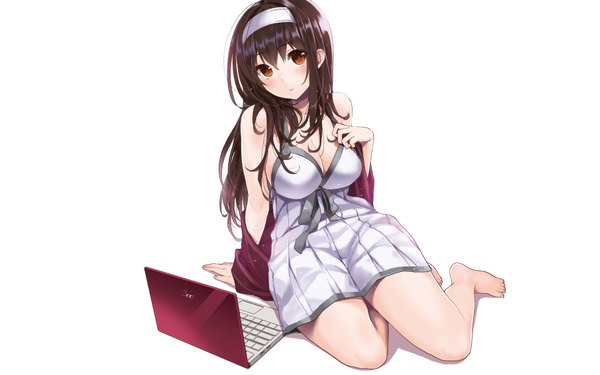 Anime picture 1920x1200 with saenai heroine no sodatekata a-1 pictures kasumigaoka utaha single long hair looking at viewer highres black hair simple background red eyes white background bare legs girl dress hairband sundress laptop