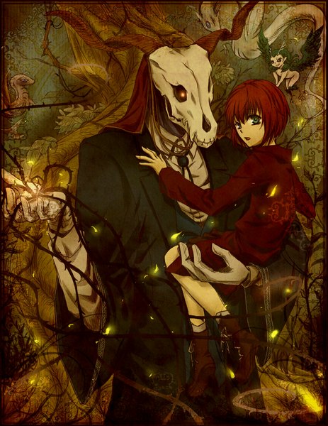 Anime picture 886x1148 with mahou tsukai no yome wit studio hatori chise ellias ainsworth oto wa hika tall image looking at viewer short hair open mouth green eyes red hair looking back horn (horns) arm support magic framed fantasy fairy demon eyes girl
