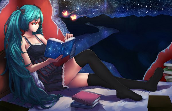 Anime picture 1962x1267 with vocaloid hatsune miku iq2000lb single highres twintails very long hair aqua eyes aqua hair no shoes starry sky print girl thighhighs dress black thighhighs glasses book (books) insect butterfly