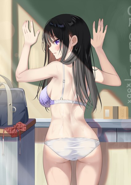 Anime picture 1200x1694 with original piyopoyo single long hair tall image looking at viewer blush fringe breasts open mouth light erotic black hair large breasts purple eyes payot ass indoors profile looking back from behind