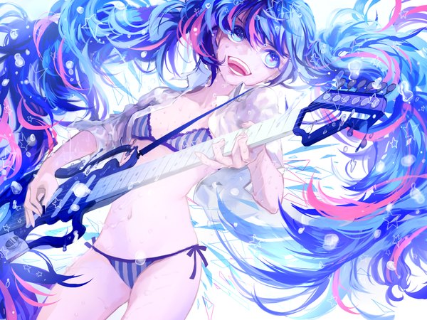 イラスト 1400x1050 と ボーカロイド 初音ミク g.g.lemon ソロ 長髪 前髪 開いた口 青い目 light erotic 立つ ツインテール 肩出し 青い髪 looking away ピンク髪 multicolored hair open clothes two-tone hair teeth bare legs