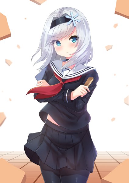 Anime picture 2894x4093 with ryuuou no oshigoto! sora ginko holmemee single long hair tall image looking at viewer blush fringe highres blue eyes simple background standing white background holding silver hair pleated skirt wind crossed arms skirt flip