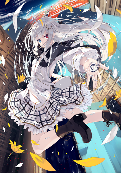 Anime picture 1072x1528 with original nagishiro mito single long hair tall image looking at viewer fringe blue eyes red eyes sky cloud (clouds) ahoge bent knee (knees) outdoors wind grey hair heterochromia outstretched arm city plaid skirt