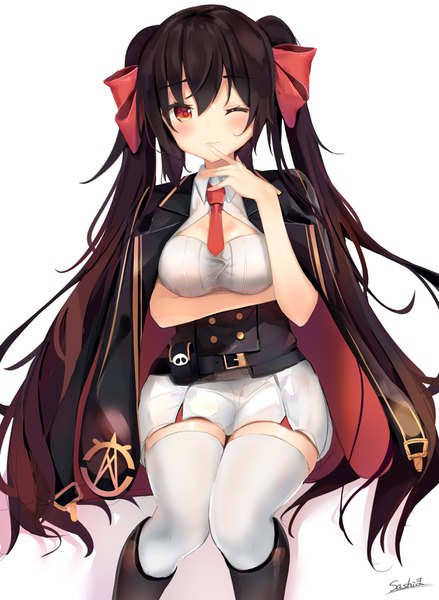 Anime picture 2508x3429 with girls frontline qbz-97 (girls frontline) sashima single long hair tall image looking at viewer blush fringe highres simple background hair between eyes red eyes white background sitting twintails signed payot one eye closed wink