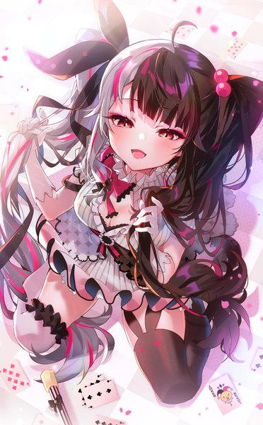 Anime picture 2427x3911 with virtual youtuber nijisanji yorumi rena arutera single tall image looking at viewer blush fringe highres breasts open mouth black hair smile red eyes sitting twintails full body ahoge blunt bangs