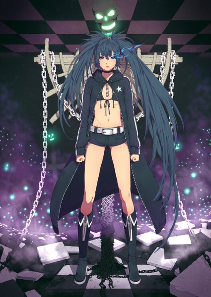 Anime picture 2000x2825 with black rock shooter black rock shooter (character) nayu single long hair tall image highres blue eyes smile twintails midriff glowing scar glowing eye (eyes) checkered girl navel shorts boots chain