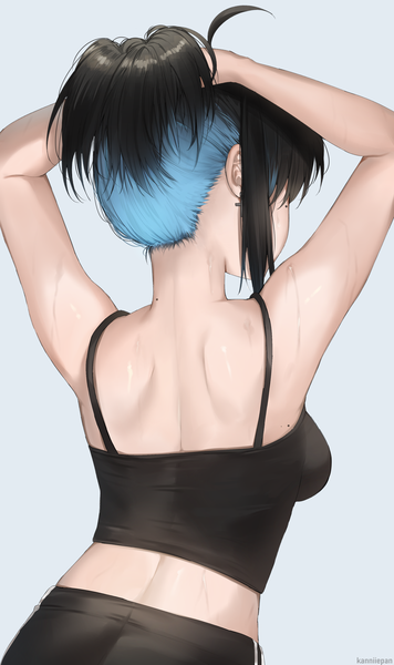 Anime picture 2068x3484 with original irene (kanniiepan) kanniiepan single tall image highres short hair breasts black hair simple background standing blue hair ahoge multicolored hair from behind mole arms up two-tone hair midriff sweat