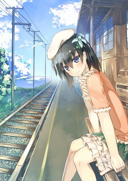 Anime picture 1696x2400 with original seneto single tall image looking at viewer blush fringe short hair blue eyes black hair smile sky cloud (clouds) bent knee (knees) hair flower sunlight bare legs leaning girl hair ornament