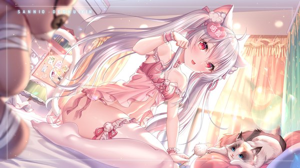 Anime picture 1181x664 with original sannio single long hair looking at viewer blush fringe open mouth light erotic smile hair between eyes wide image sitting twintails holding signed animal ears payot silver hair ahoge