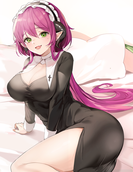 Anime picture 1671x2160 with original lillly single long hair tall image looking at viewer blush fringe breasts open mouth light erotic smile hair between eyes large breasts sitting green eyes payot pink hair cleavage long sleeves