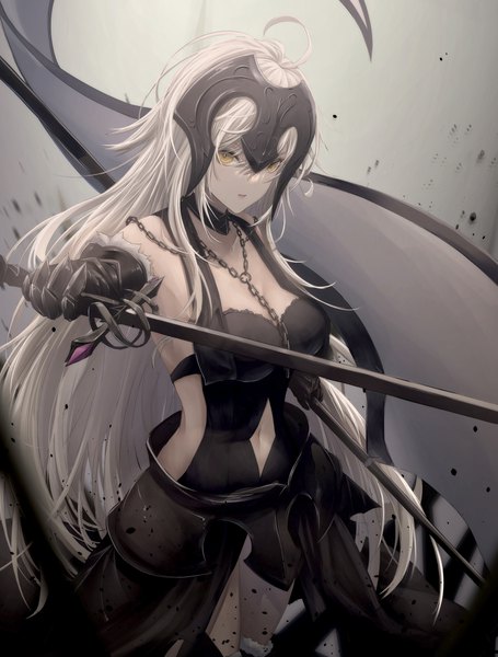 Anime picture 2901x3829 with fate (series) fate/grand order jeanne d'arc (fate) (all) jeanne d'arc alter (fate) jeanne d'arc alter (avenger) (third ascension) (fate) yagi (yagi5art) single long hair tall image looking at viewer fringe highres breasts open mouth blonde hair hair between eyes large breasts standing holding ahoge