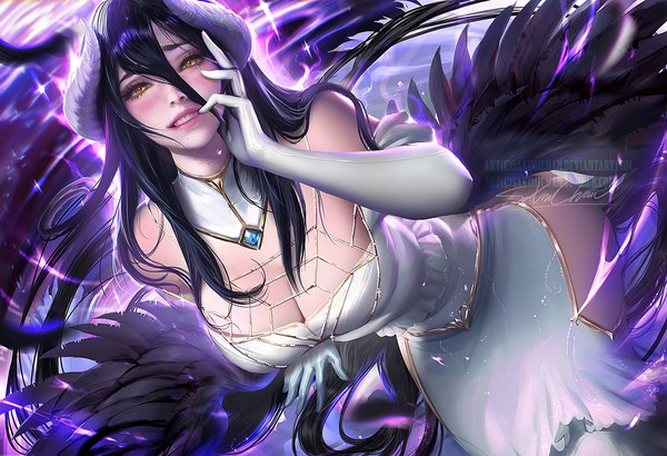Anime picture 1000x684 with overlord (maruyama) madhouse albedo (overlord) sakimichan single looking at viewer blush fringe breasts light erotic black hair hair between eyes large breasts signed yellow eyes cleavage very long hair horn (horns) light smile lips