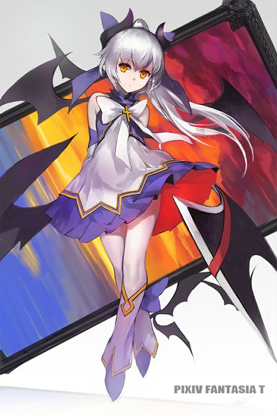 Anime-Bild 709x1063 mit original pixiv fantasia pixiv fantasia t swd3e2 single long hair tall image looking at viewer fringe yellow eyes white hair ponytail copyright name crossed legs black wings bat wings girl dress bow wings